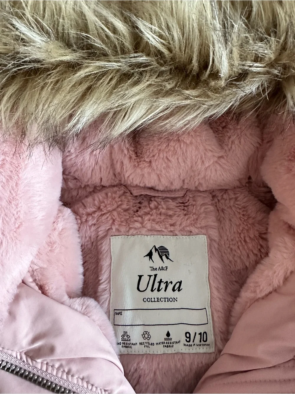 Abercrombie Kids A&F Ultra Puffer Jacket Pink Faux Fur Hood Girls 9/10